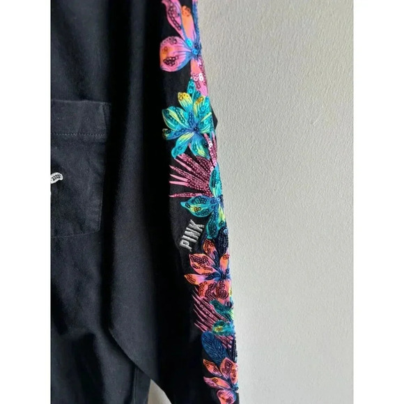 PINK Victoria Secret Womens Long Sleeve Pullover Floral Sweatshirt Black Sz XS/S - Picture 7 of 9